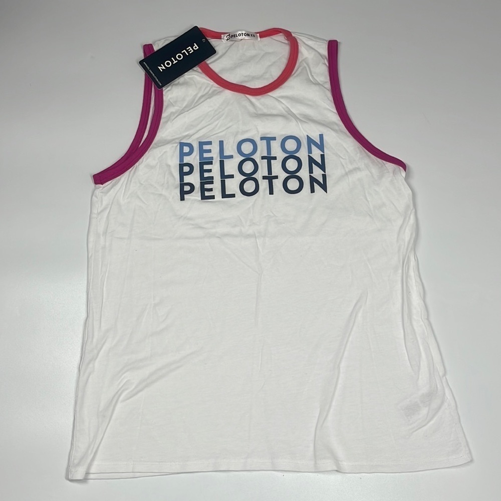 NWT Peloton Ringer Muscle Tank Top White Pink Blue Women's XS - Picture 1 of 7